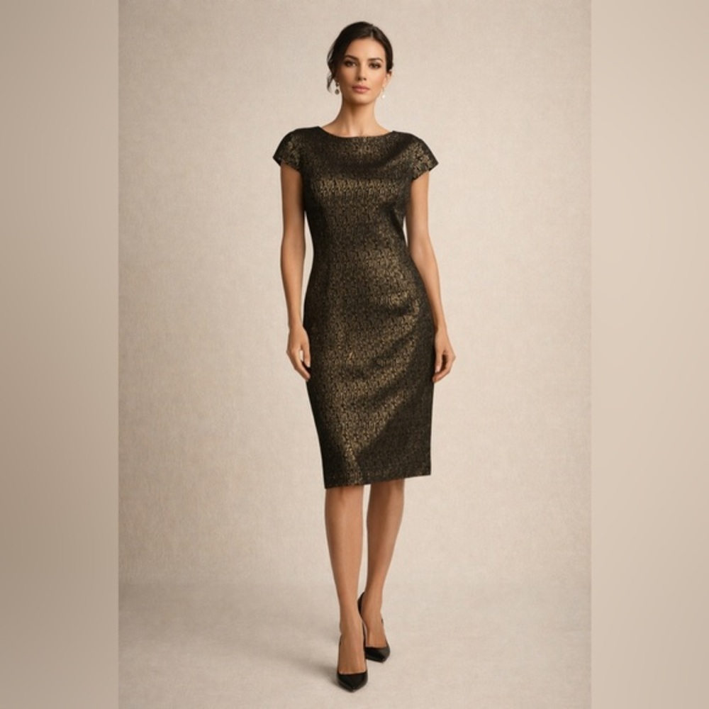 Chetta B Black Gold Brocade Cocktail Dress Size 12